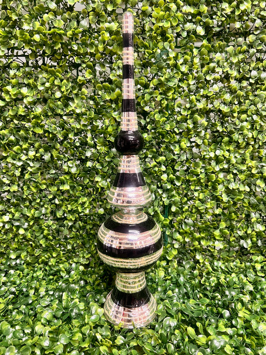 16 Inch Glittered Black And Silver Glass Finial