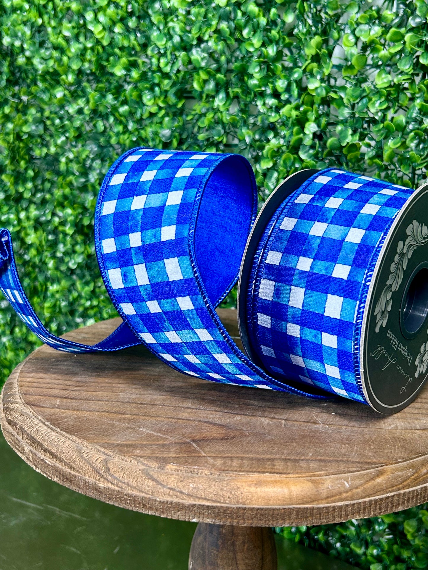 2.5 Inch By 10 Yard Royal Blue Watercolor Check Deluxe Dupioni Backed Wired Edge Ribbon