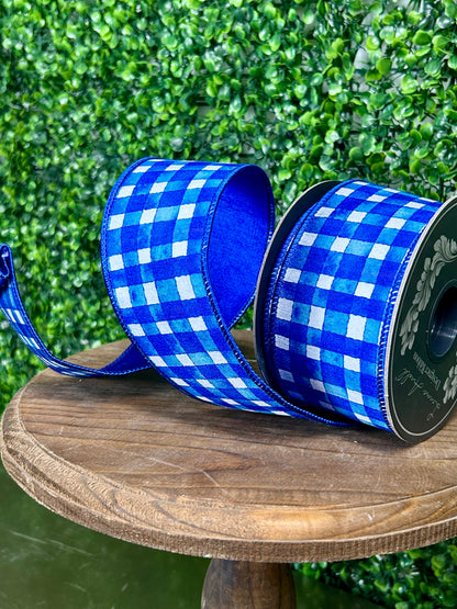 2.5 Inch By 10 Yard Royal Blue Watercolor Check Deluxe Dupioni Backed Wired Edge Ribbon