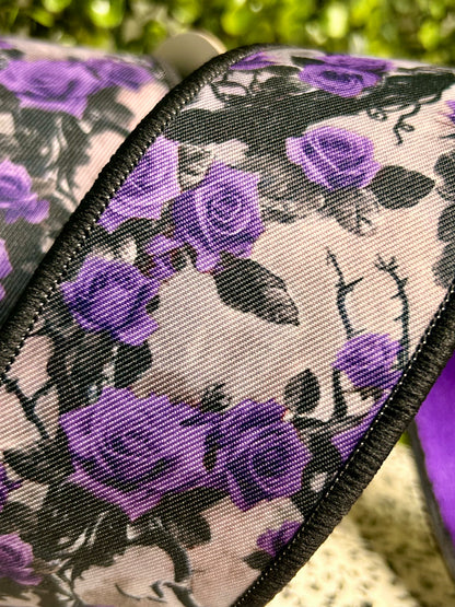 2.5 Inch By 10 Yards Violet And Lilac Roses And Vines Fused Ribbon