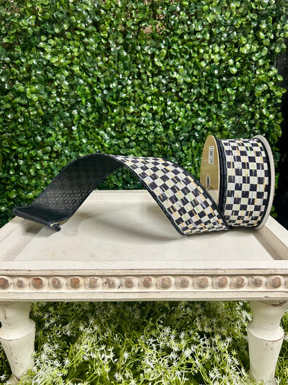 2.5 Inch By 10 Yard Beige And Black Mini Antique Checkerboard Ribbon