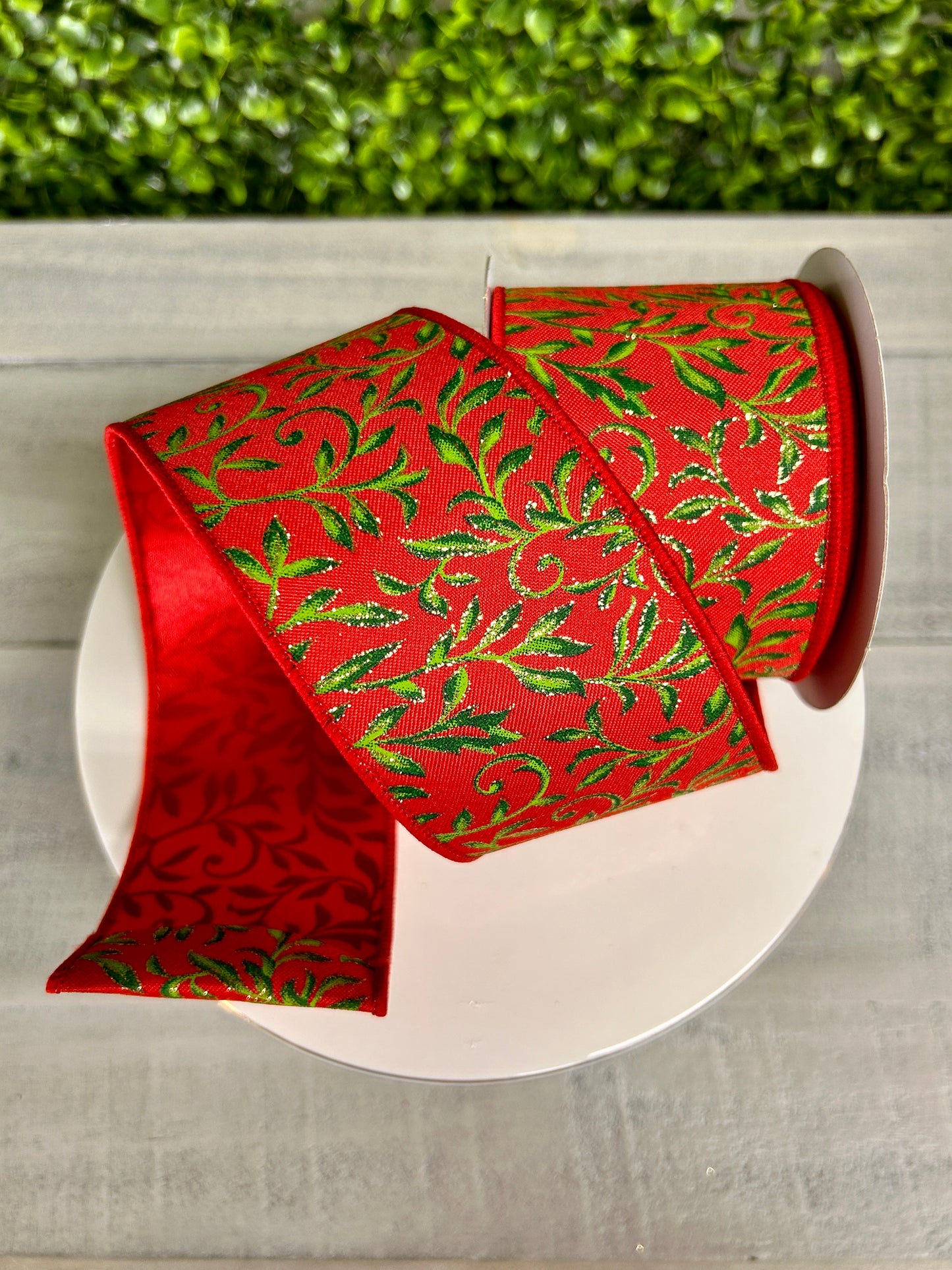 2.5 Inch By 10 Yard Red Green And Gold Tonal Leaves Ribbon