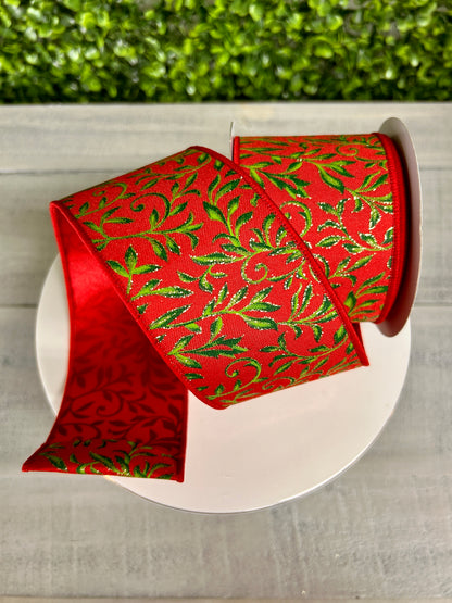 2.5 Inch By 10 Yard Red Green And Gold Tonal Leaves Ribbon