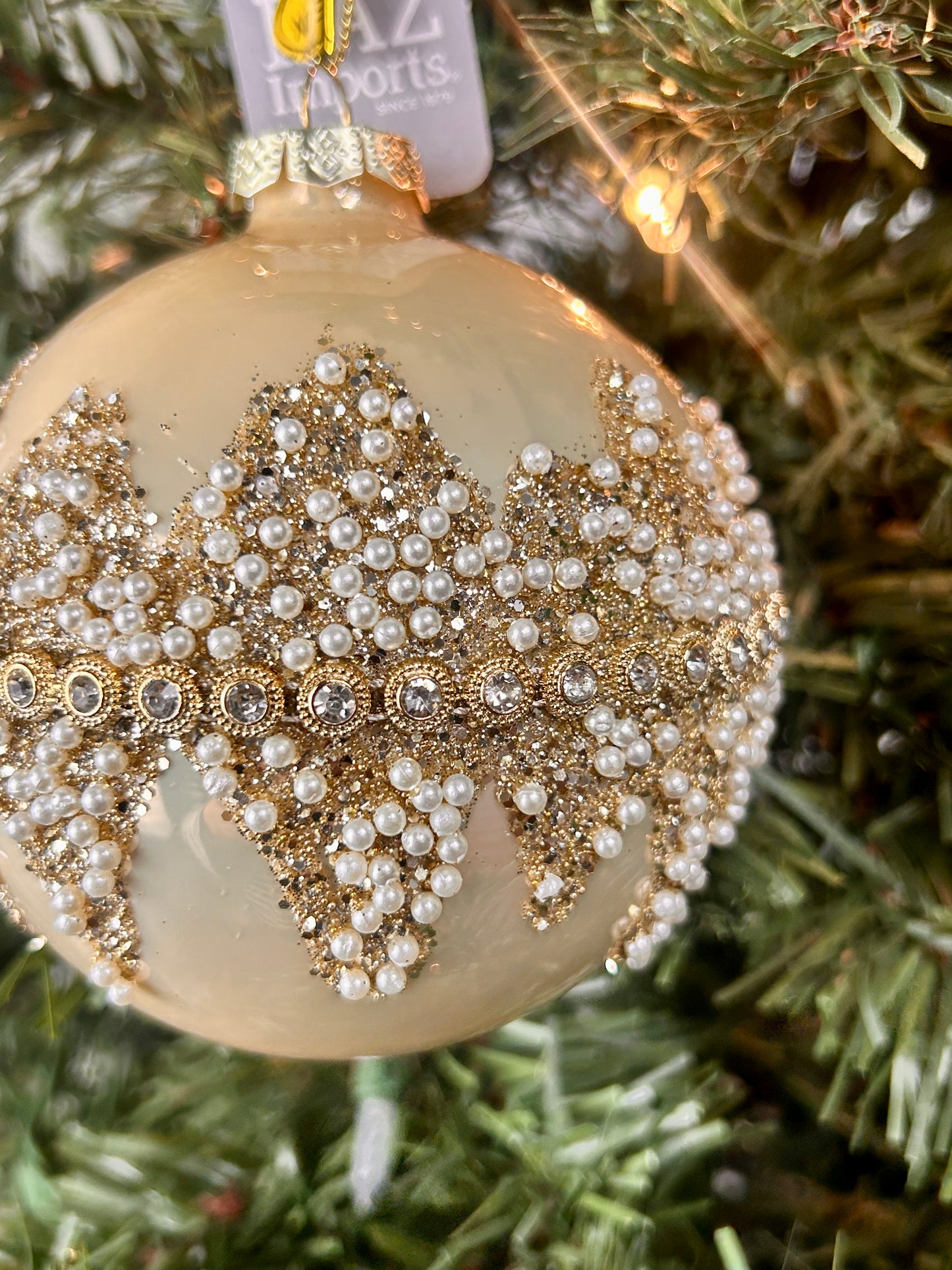 4 Inch Champagne And Cream Beaded Glass Ornament Three Assorted