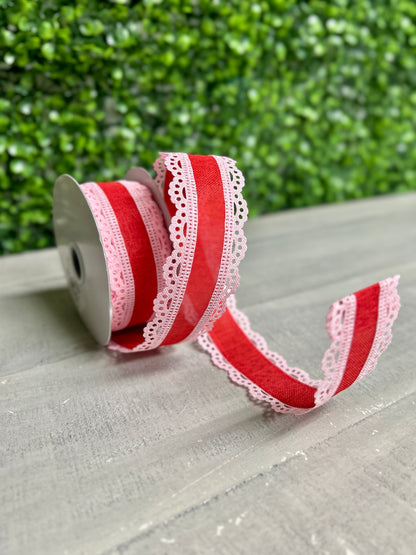 1.5 Inch By 10 Yard Light Pink And Red Lace Edge Royal Burlap Ribbon