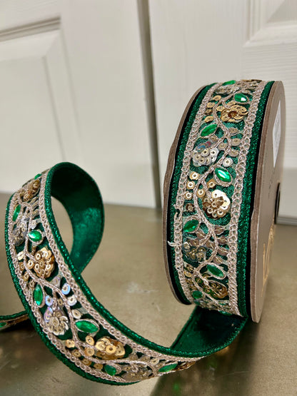 1.5 Inch By 10 Yard Emerald Green Metallic Dupioni Jewel Ribbon
