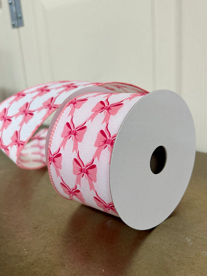 2.5 Inch By 10 Yard Pink Bows On White Background Ribbon