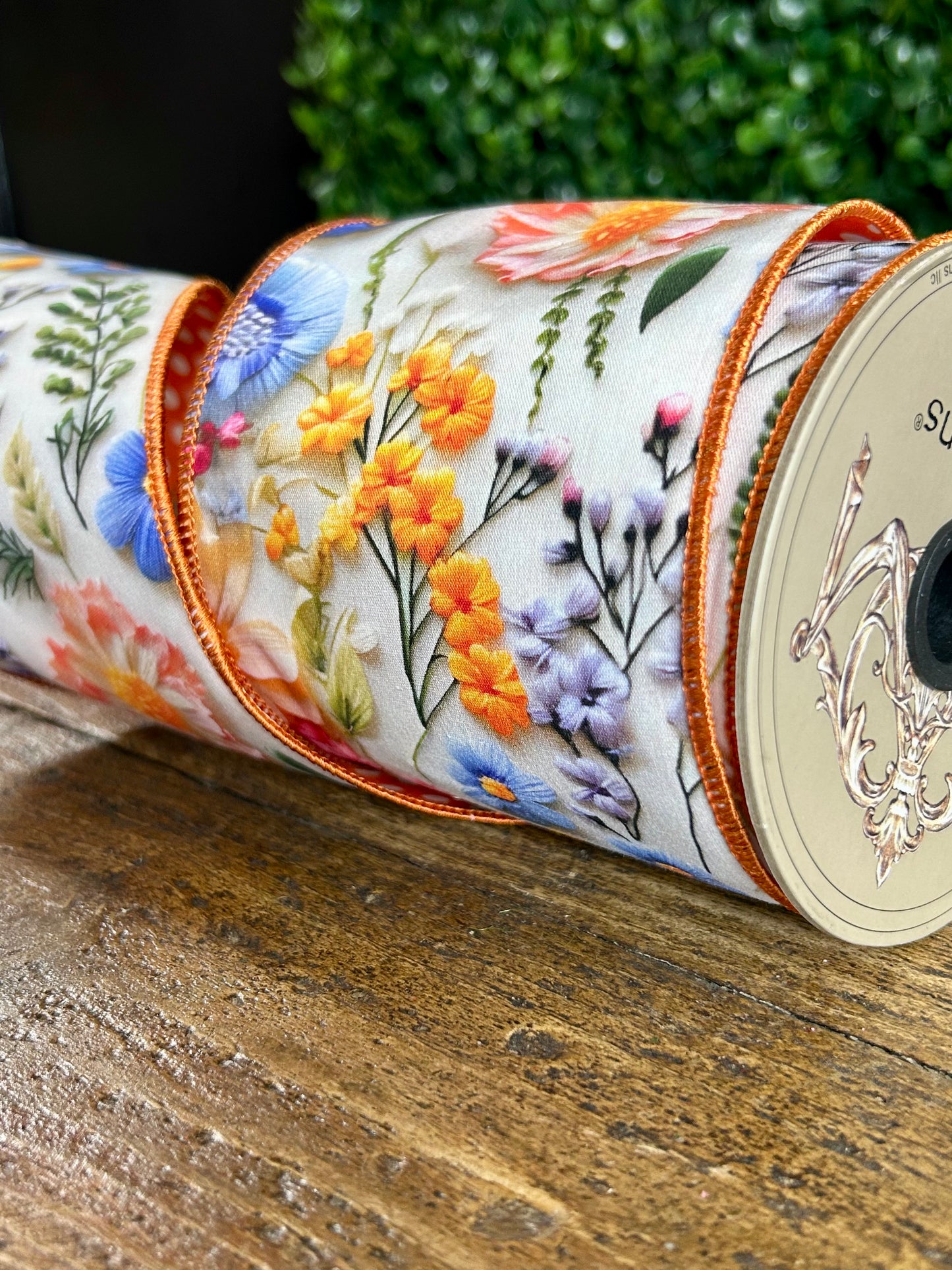 D. Stevens 4 Inch By 10 Yard Orange Pink And Blue Poplin Mix Flower Collage With Polka Dot Backing Ribbon