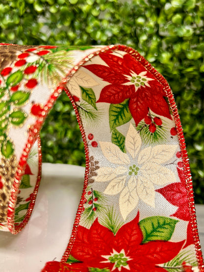 2.5 Inch By 10 Yard Poinsettia Foliage And Pinecones Ribbon
