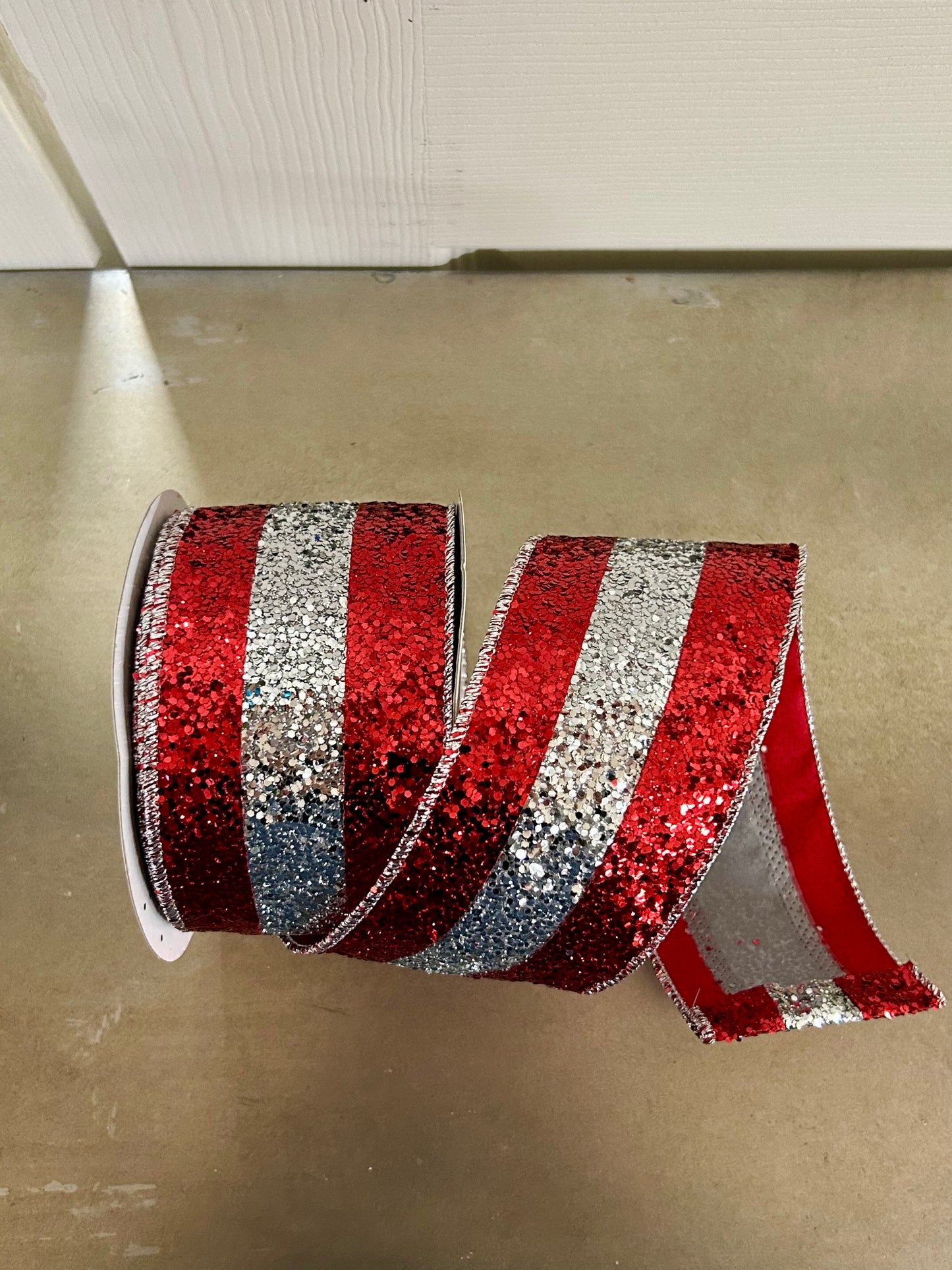 2.5 Inch By 10 Yard Red And Silver Large Glitter Stripe Ribbon
