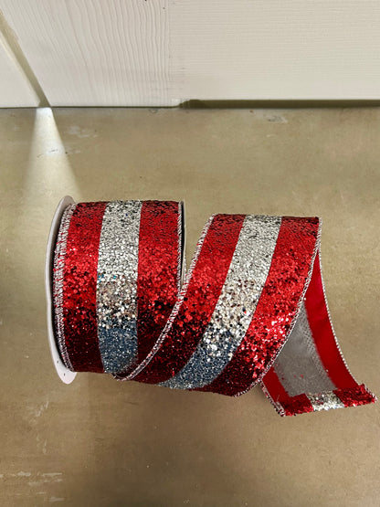 2.5 Inch By 10 Yard Red And Silver Large Glitter Stripe Ribbon