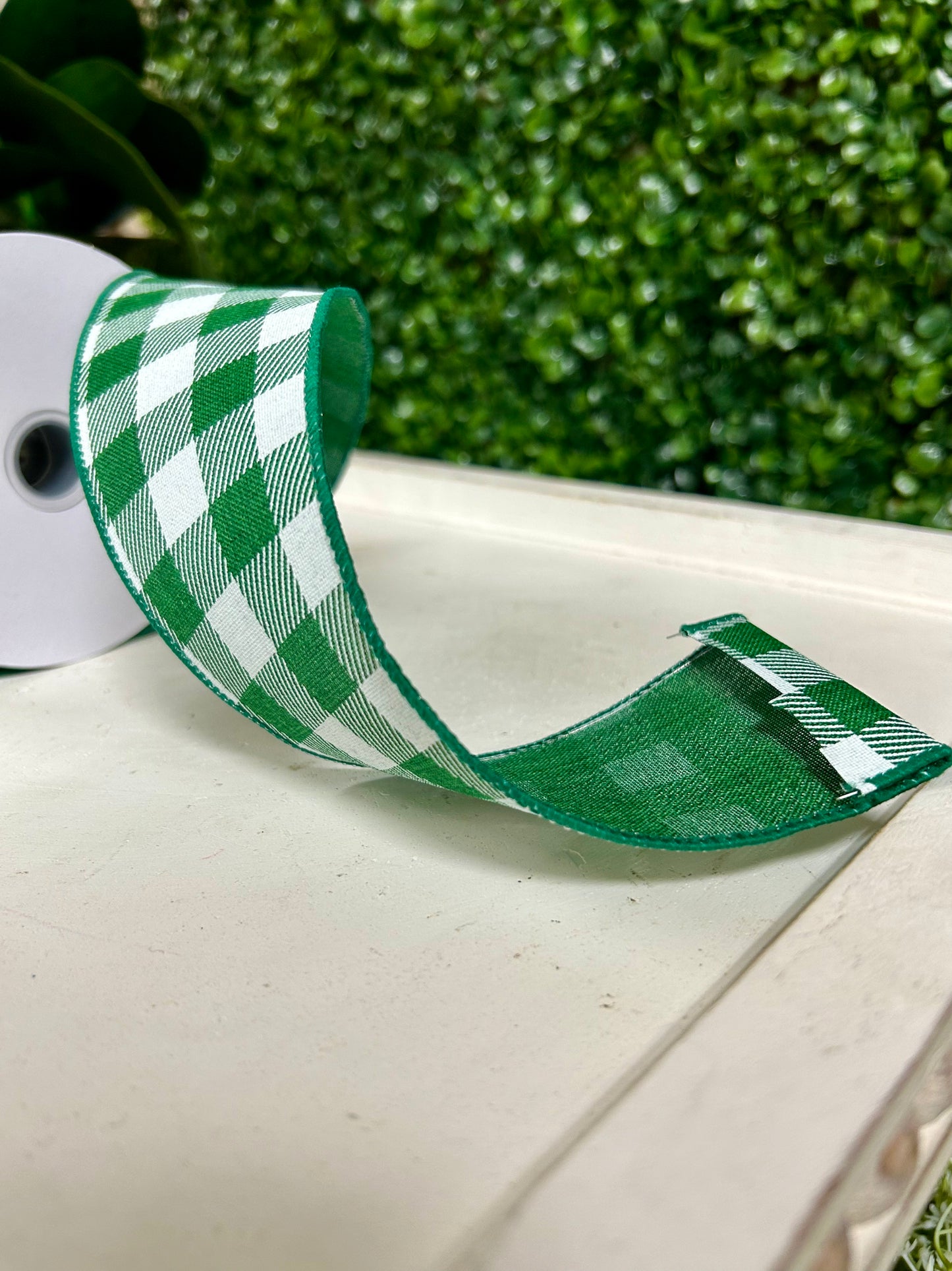 2.5 Inch By 10 Yard Emerald Green And White Check On Royal Ribbon