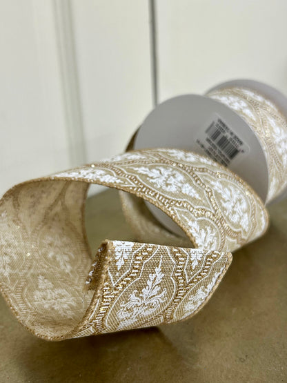 2.5 Inch By 10 Yard Natural Linen Demask Quatrefoil Ribbon