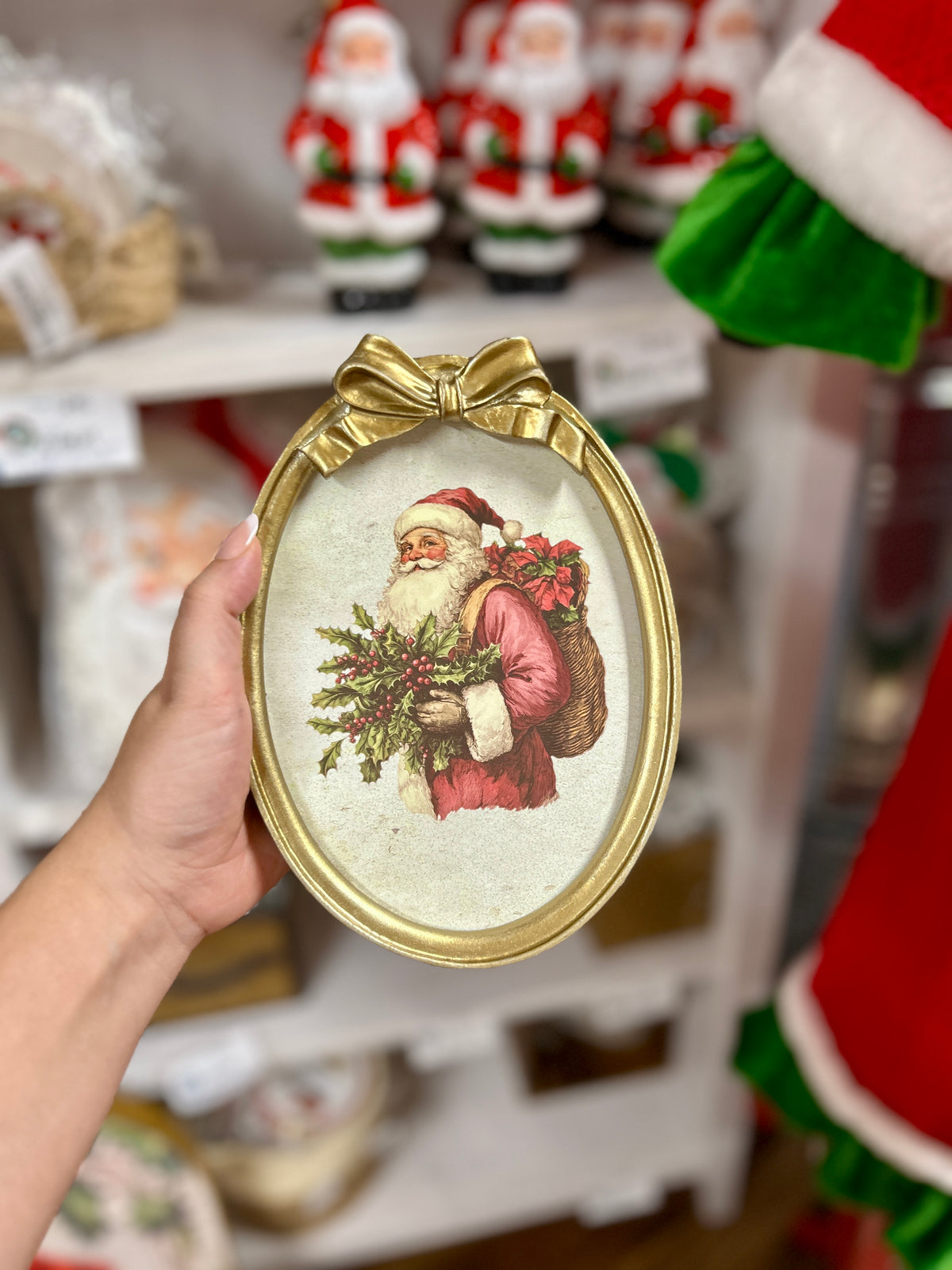 7.88 Inch Resin And Wood Oval Santa Plaque With Bow And Easel Two Styles