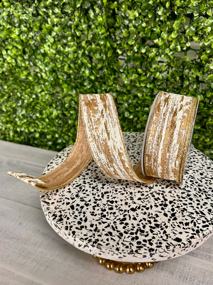 1.5 Inch By 10 Yard Beige Cream And Gold Glitter Metallic Streaks Ribbon