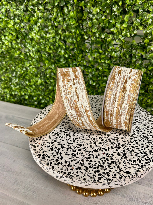 1.5 Inch By 10 Yard Beige Cream And Gold Glitter Metallic Streaks Ribbon