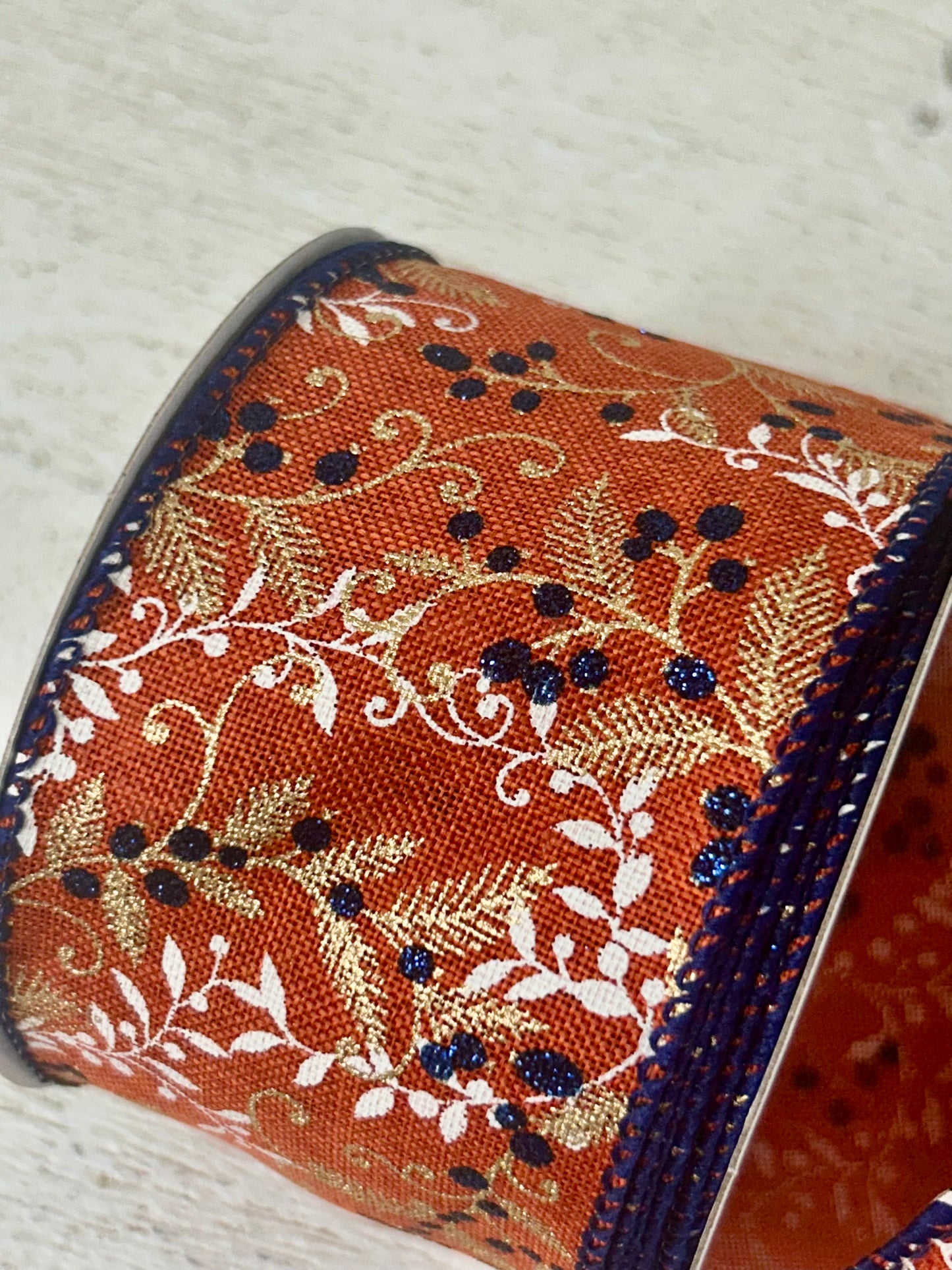 2.5 Inch By 10 Yard Rust Linen With Ivory And Gold Vines And Navy Glitter Berries And Navy Edging Ribbon