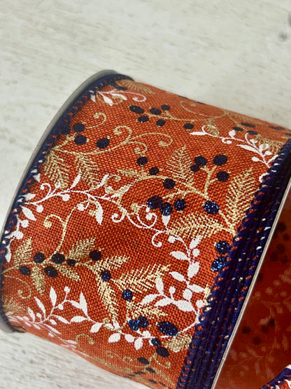 2.5 Inch By 10 Yard Rust Linen With Ivory And Gold Vines And Navy Glitter Berries And Navy Edging Ribbon