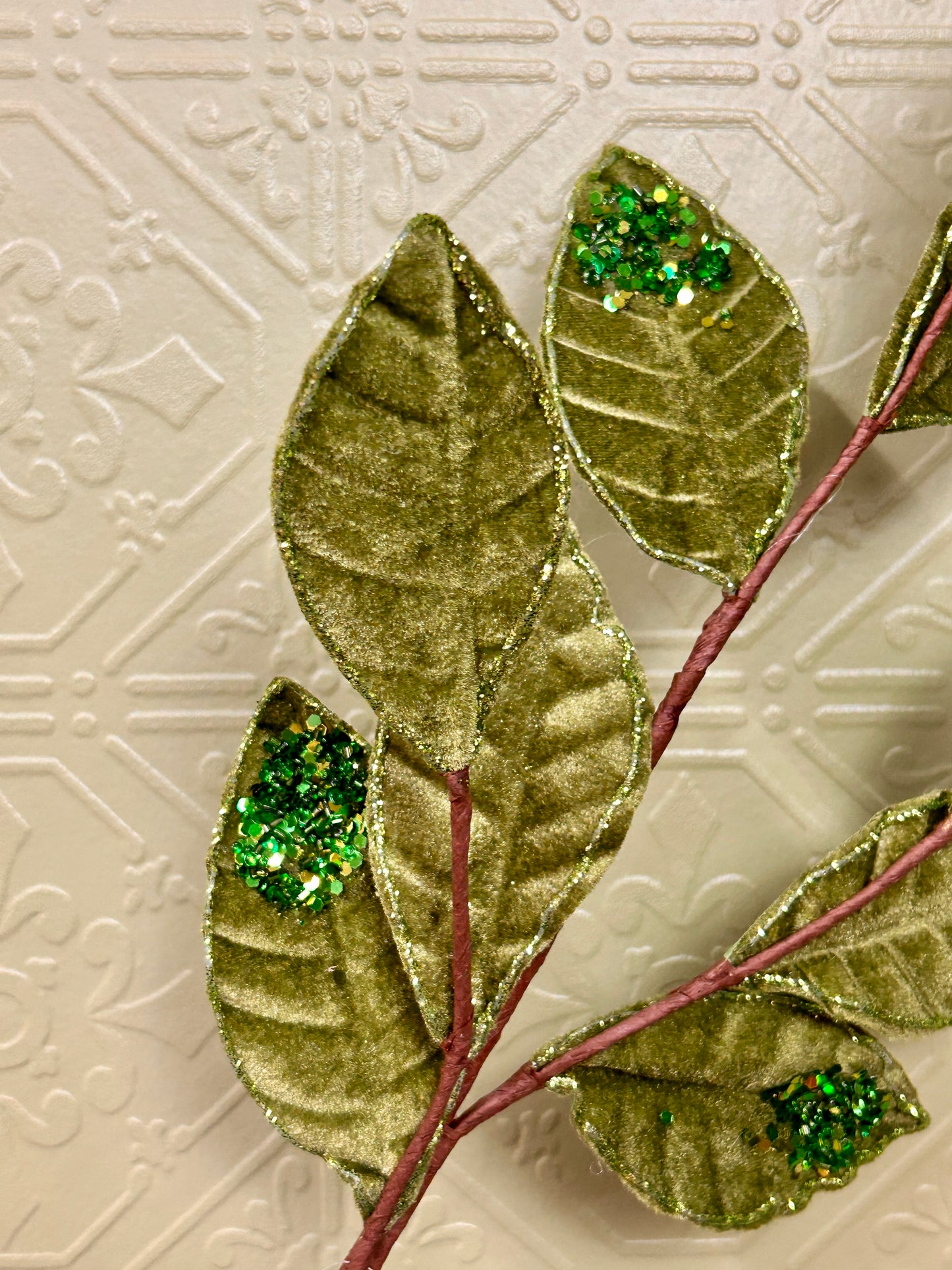 27 Inch Moss Green Velvet And Glitter Magnolia Leaf Spray
