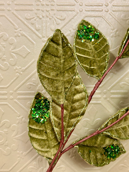 27 Inch Moss Green Velvet And Glitter Magnolia Leaf Spray