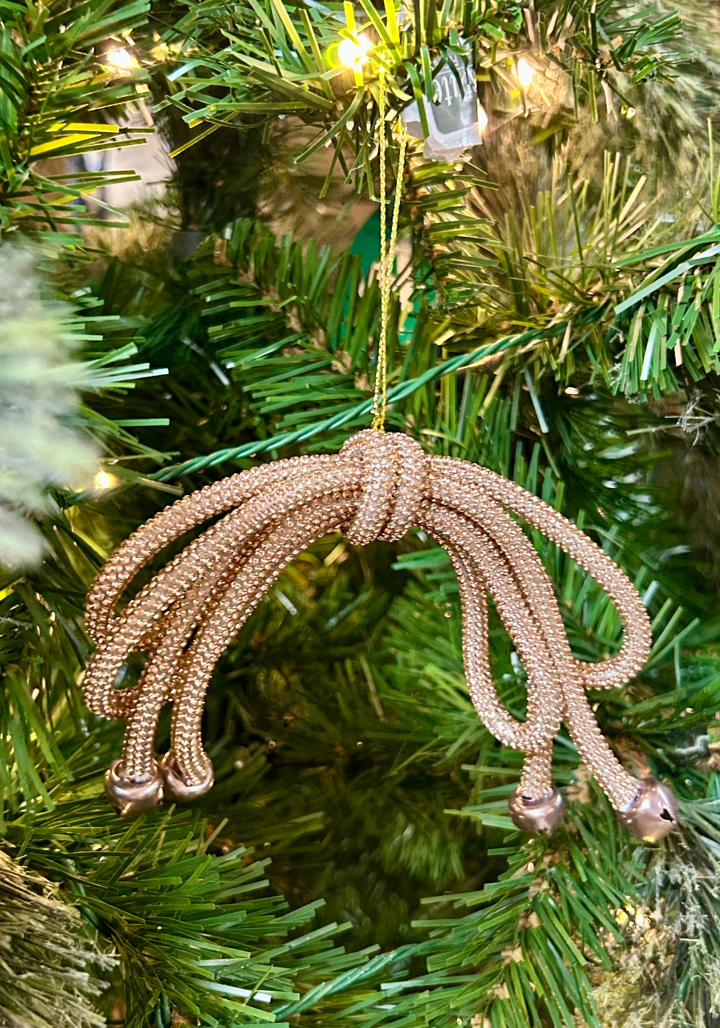 5.5 Inch Rose Gold Sparkle Bow With Bells Ornament