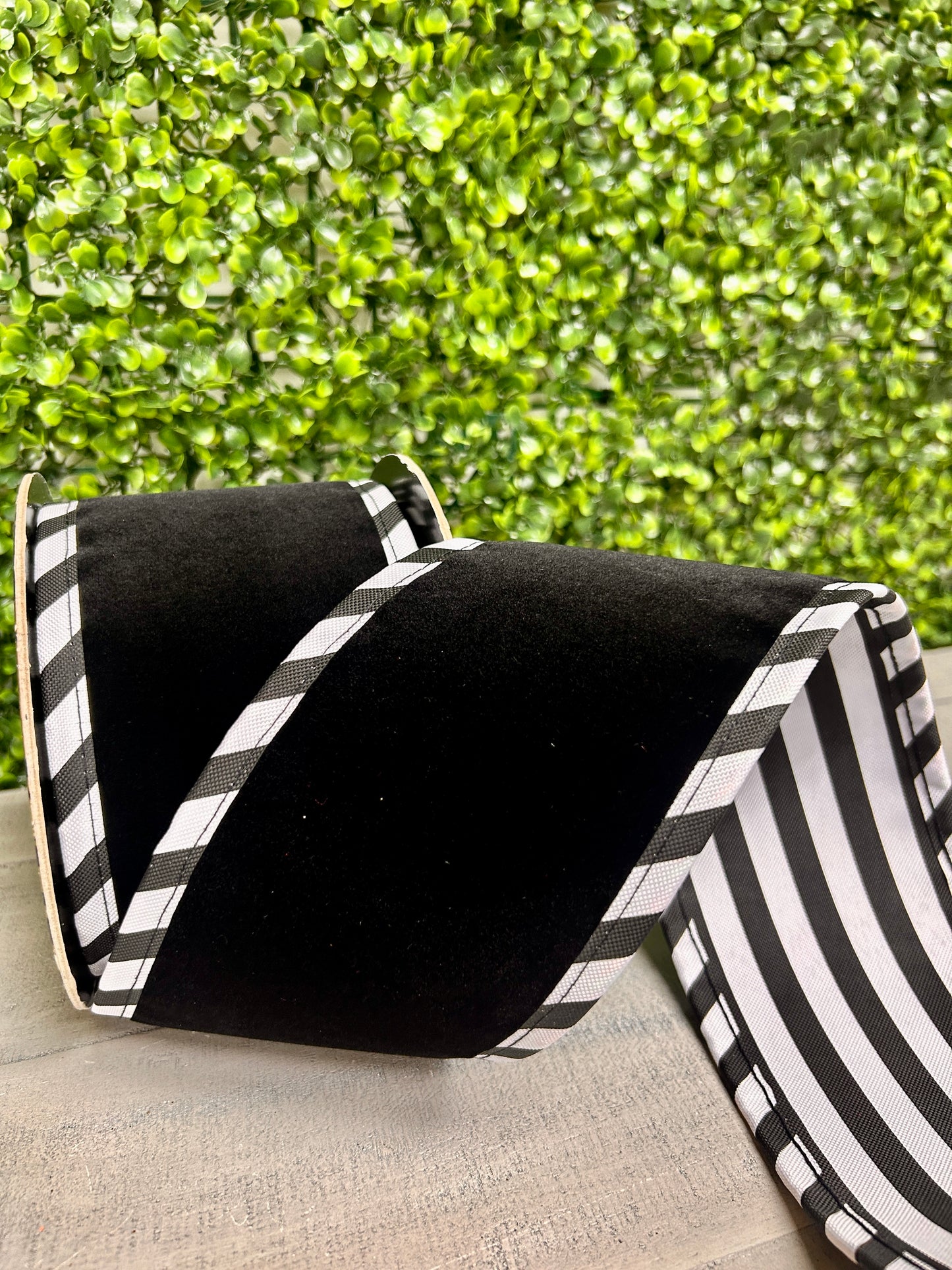 4 Inch By 5 Yard Black Velvet With White Black Cabana Stripe Ribbon