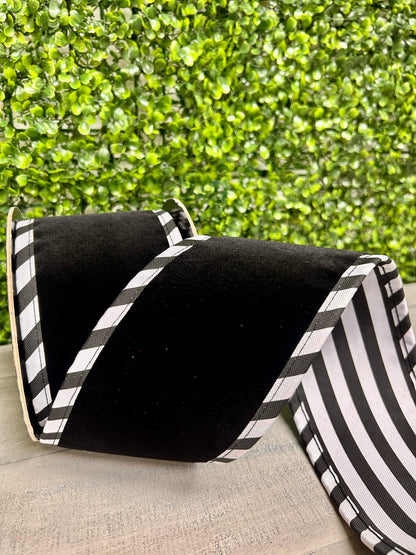 4 Inch By 5 Yard Black Velvet With White Black Cabana Stripe Ribbon
