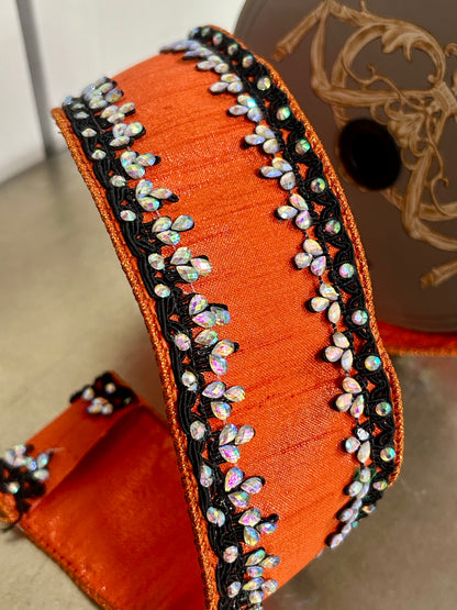 2.5 Inch By 5 Yards Orange And Black Metallic Dupioni With Iris Jewel Trim Ribbon