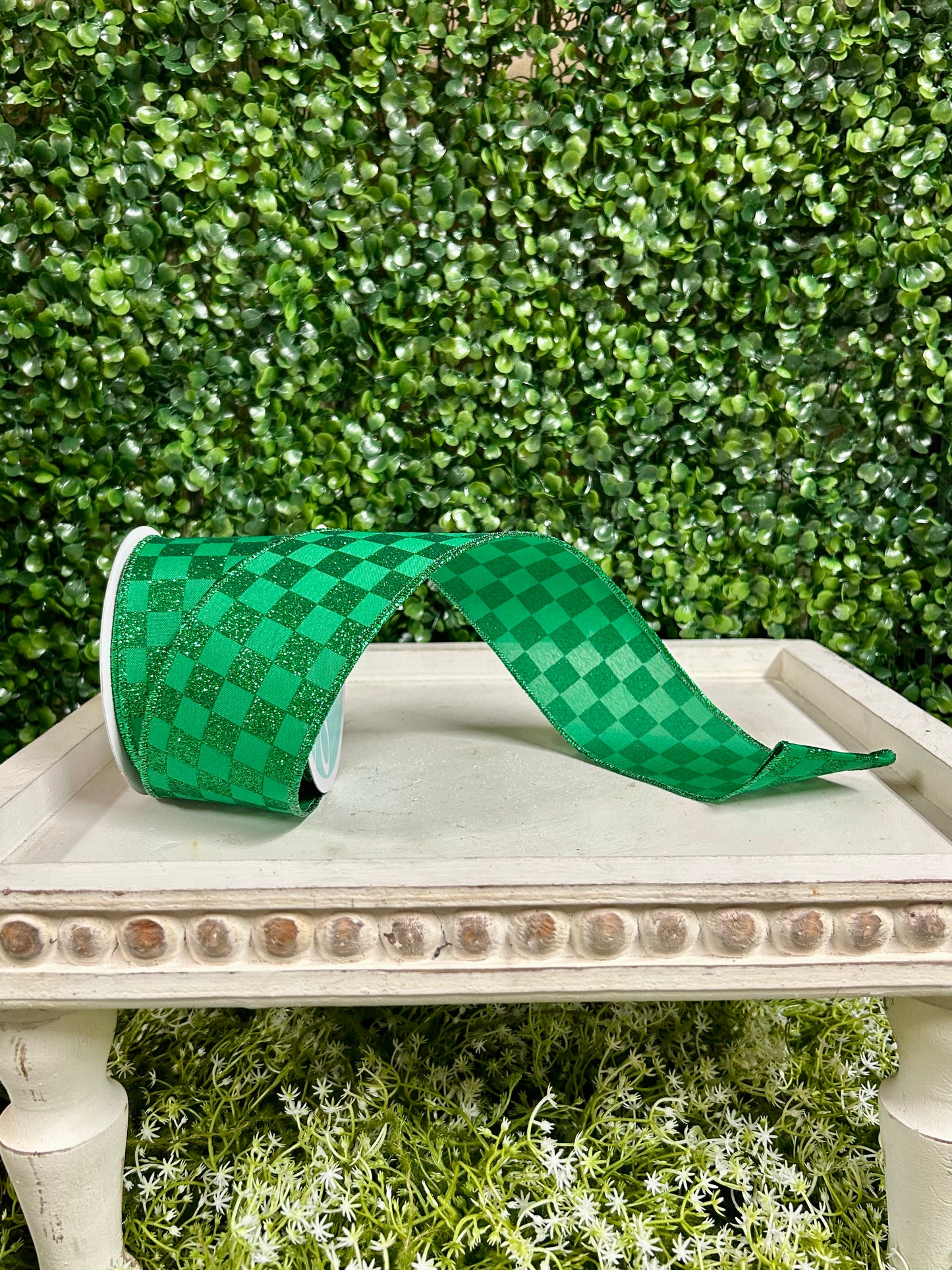 2.5 Inch By 10 Yard Emerald Green Glitter Check Ribbon