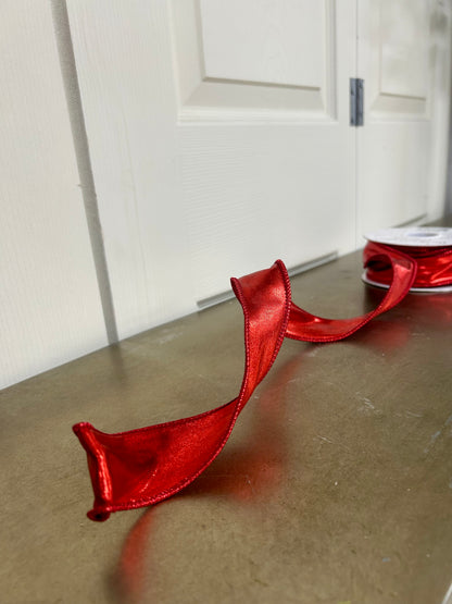 1.5 Inch By 10 Yard Cherry Red Metallic Faux Leather Ribbon