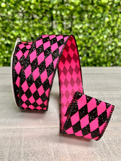 1.5 Inch By 10 Yard Fuchsia And Black Glitter Harlequin Ribbon