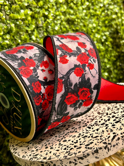 2.5 Inch By 10 Yard Red Roses And Vines Fused Ribbon