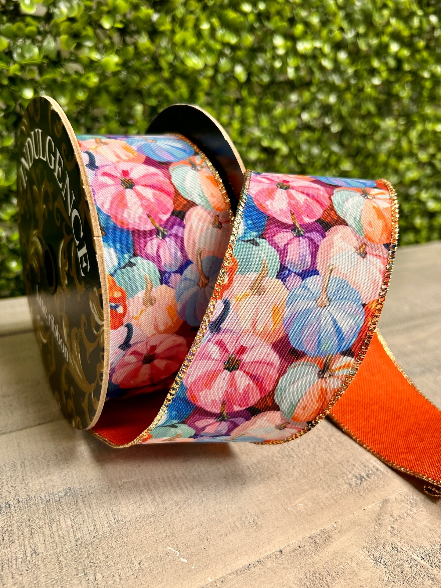 2.5 Inch By 10 Yard Abstract Linen Pastel Pumpkins With Rust Backing Ribbon