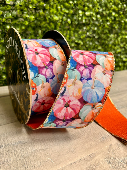 2.5 Inch By 10 Yard Abstract Linen Pastel Pumpkins With Rust Backing Ribbon