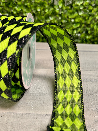 1.5 Inch By 10 Yard Fresh Green And Black Glitter Harlequin Ribbon
