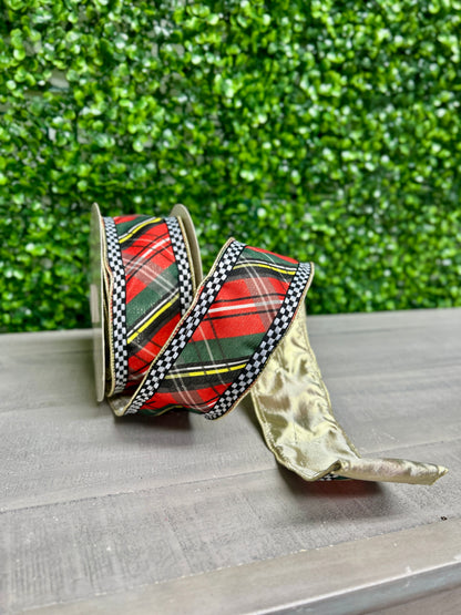 David Christopher's 2.5 Inch By 10 Yard Woven Plaid Check Ribbon With Gold Backing Ribbon