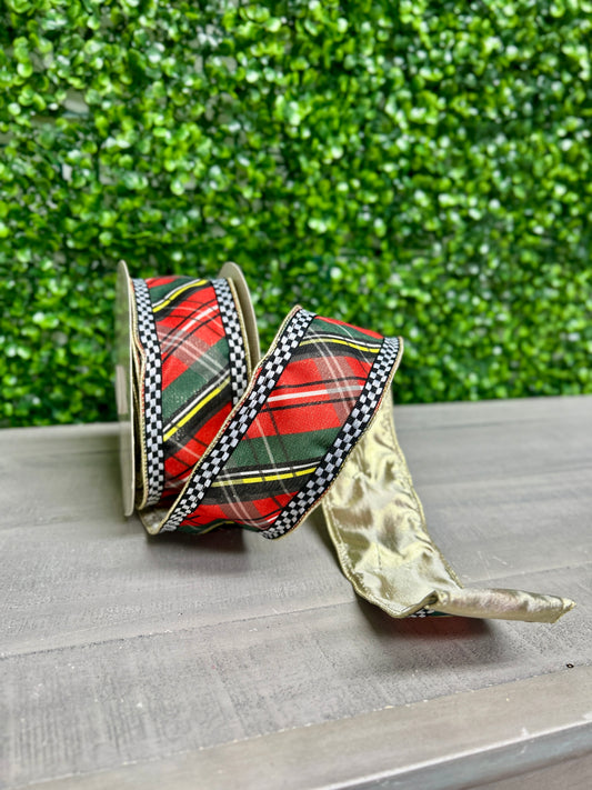 David Christopher's 2.5 Inch By 10 Yard Woven Plaid Check Ribbon With Gold Backing Ribbon
