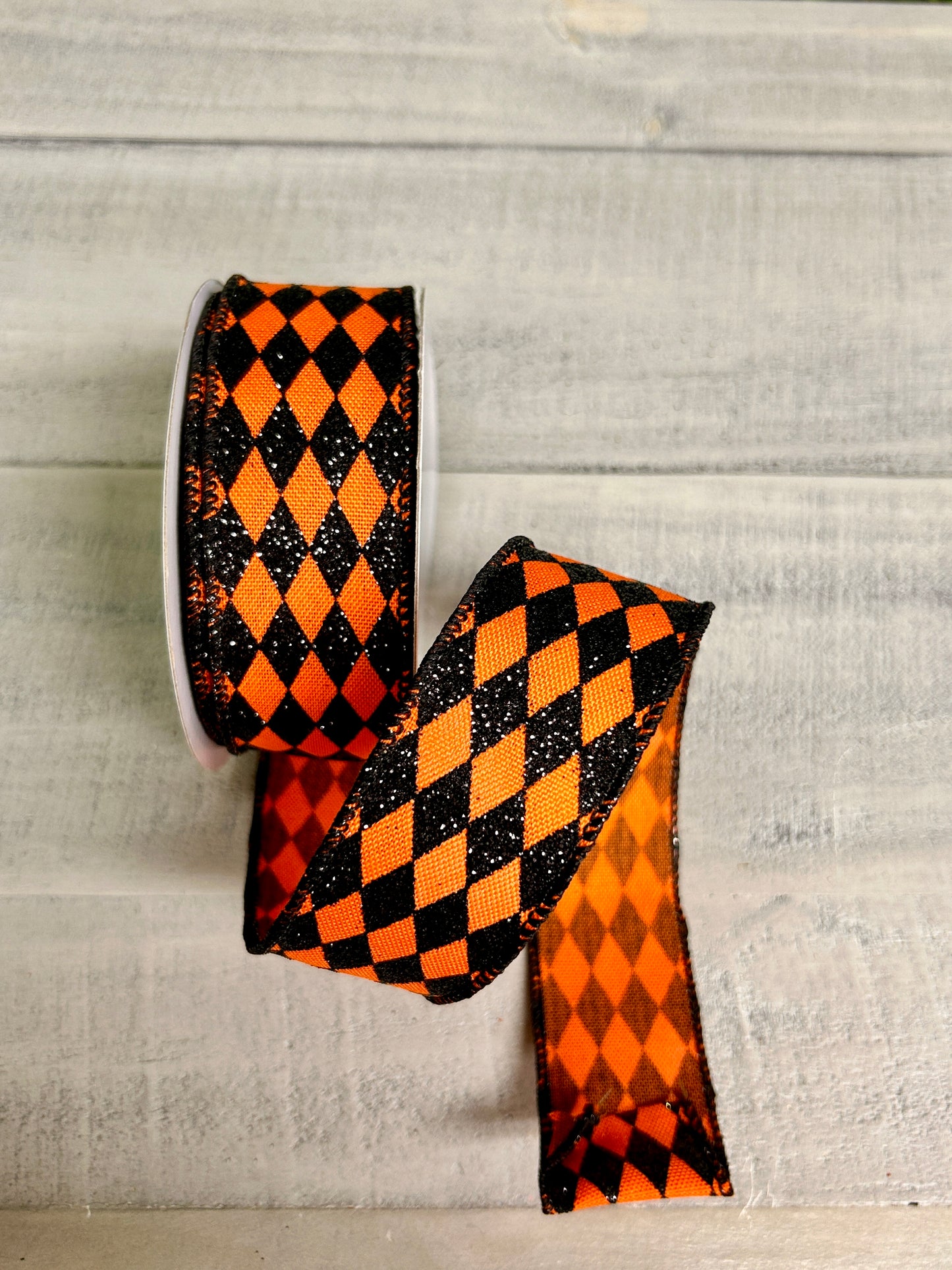 1.5 Inch By 10 Yard Orange And Black Glitter Harlequin Ribbon