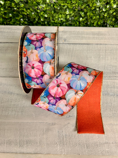 2.5 Inch By 10 Yard Abstract Linen Pastel Pumpkins With Rust Backing Ribbon