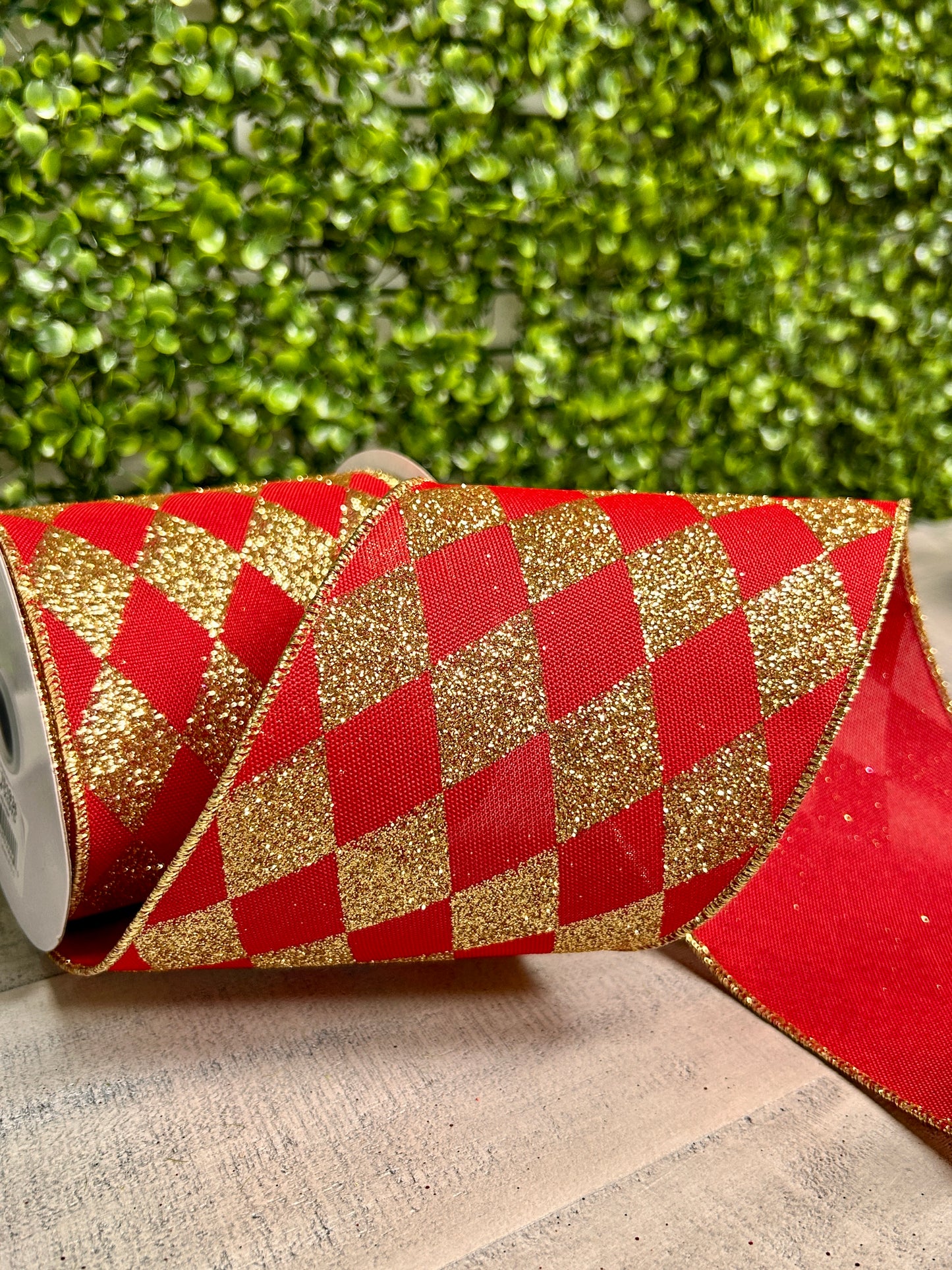 4 Inch By 10 Yard Red And Gold Harlequin Check Ribbon