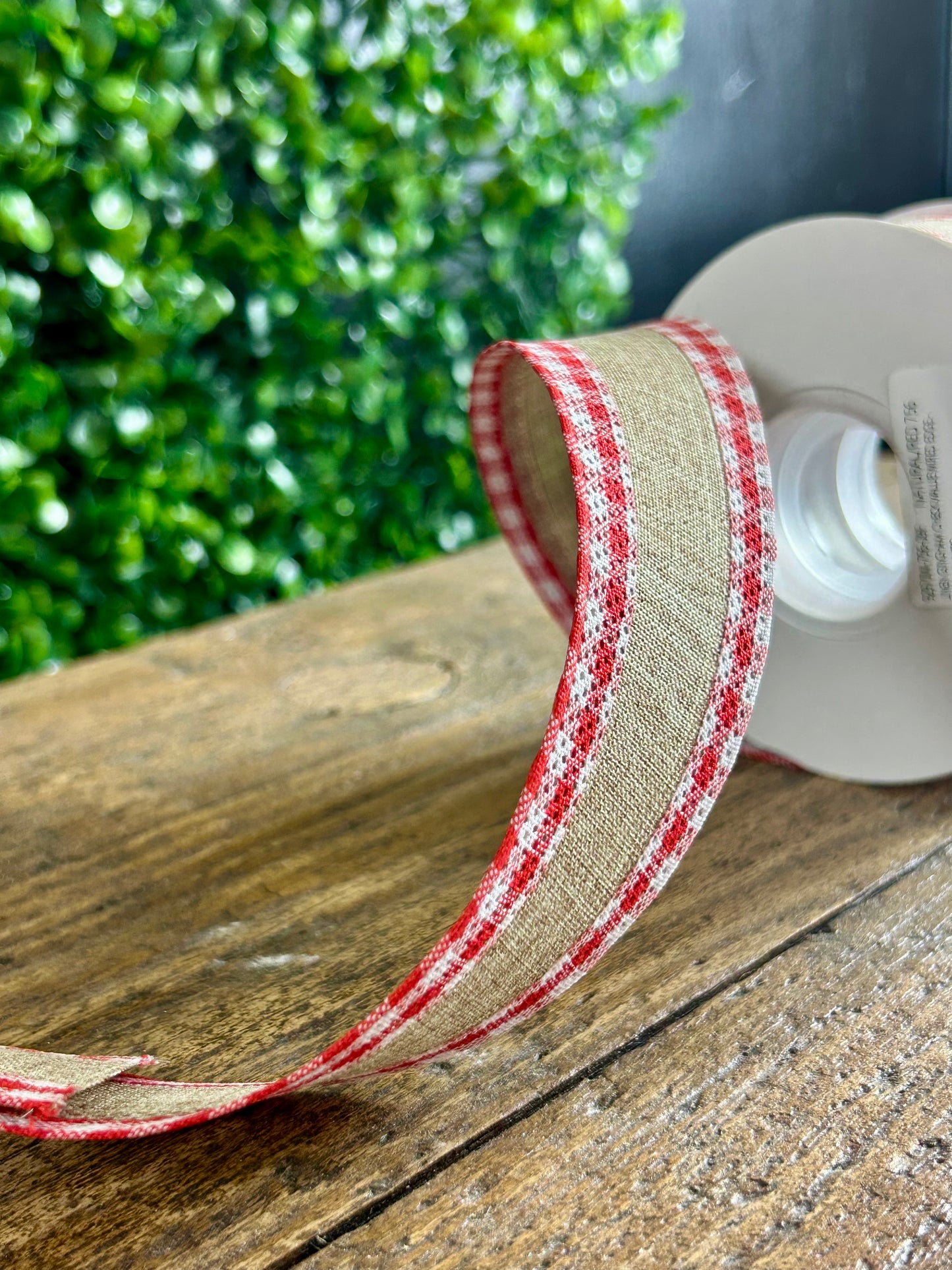1.5 Inch Natural And Red Linen Gingham Check Ribbon