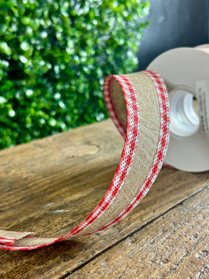 1.5 Inch Natural And Red Linen Gingham Check Ribbon