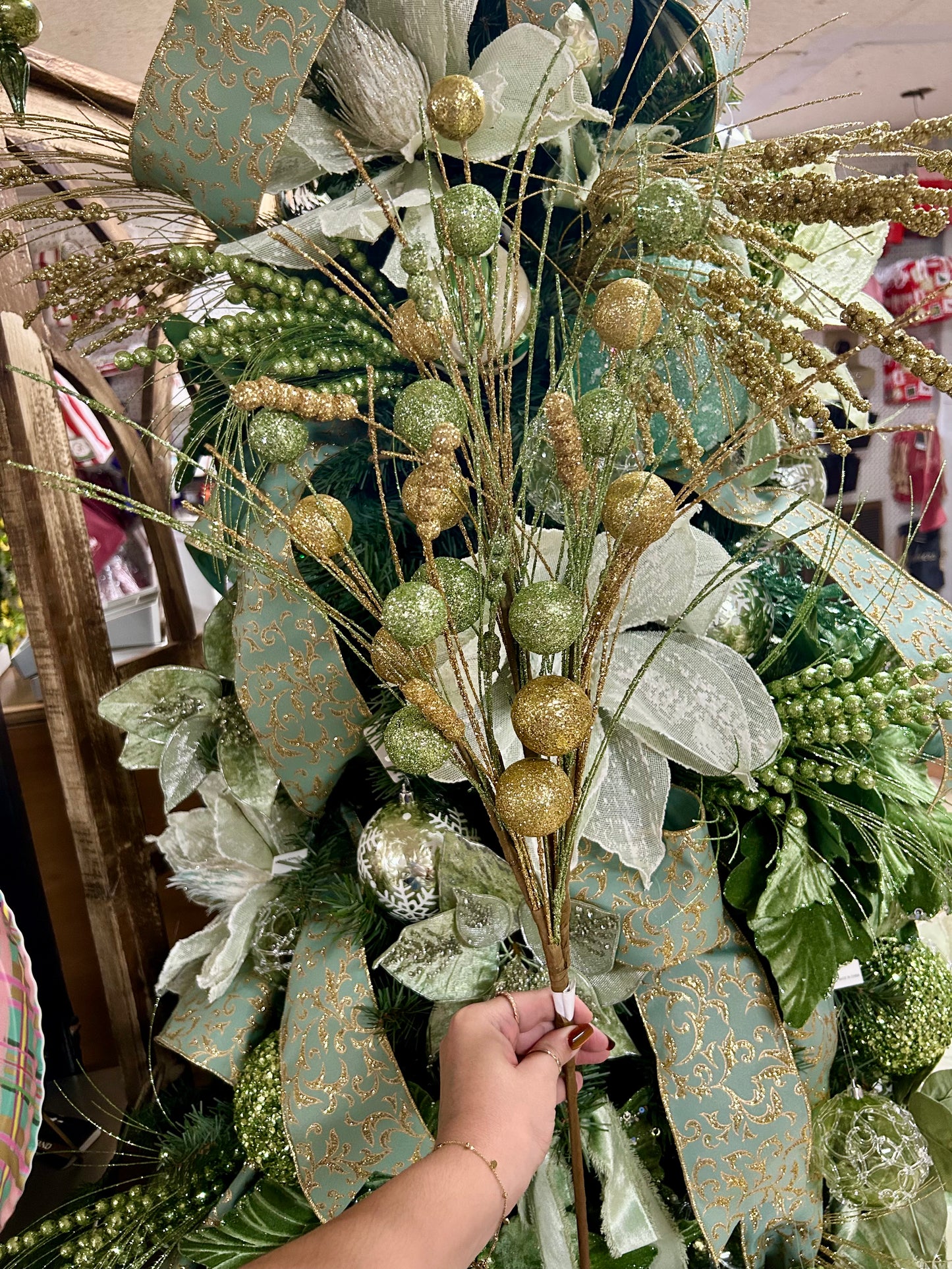 35 Inch Sage Green And Gold Ball And Bead Spike Spray