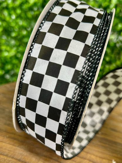 1.5 Inch By 25 Yard Black And White Raceway Check Wired Edge Ribbon