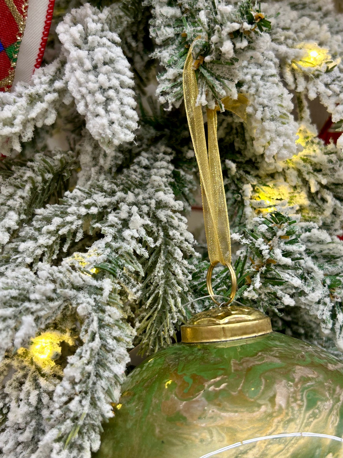 5 Inch Sage Green Gold And White Marble Glass Ball Ornament