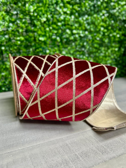 4 Inch By 10 Yard Burgundy With Glittered Diamond Velvet Ribbon