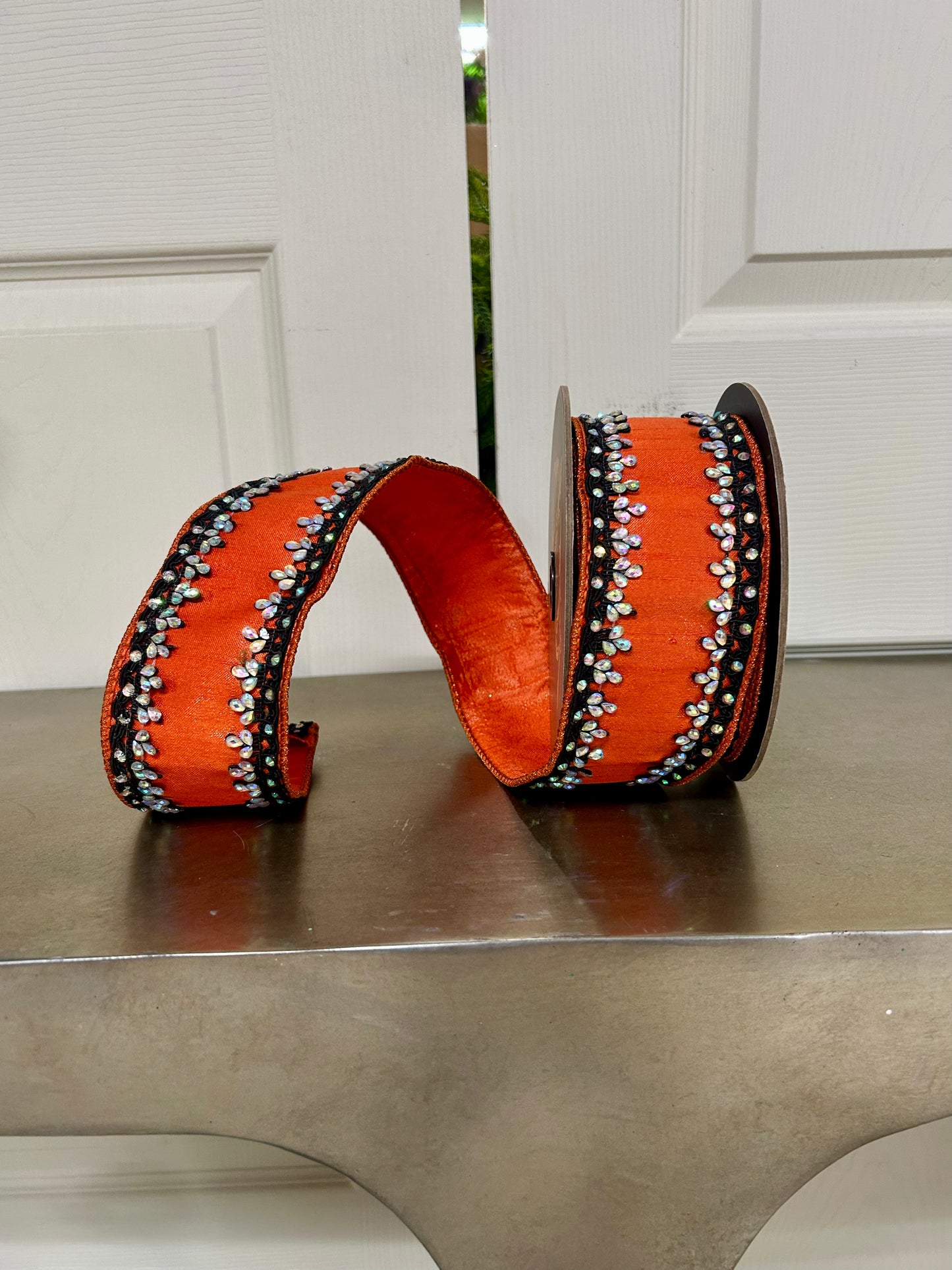 2.5 Inch By 5 Yards Orange And Black Metallic Dupioni With Iris Jewel Trim Ribbon