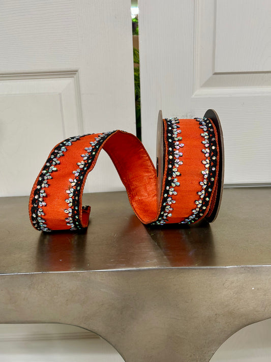 2.5 Inch By 5 Yards Orange And Black Metallic Dupioni With Iris Jewel Trim Ribbon