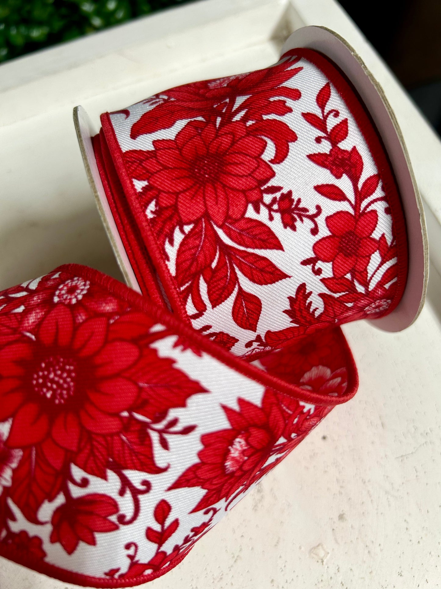 2.5 Inch By 10 Yard Red And White Chinoiserie Floral Ribbon