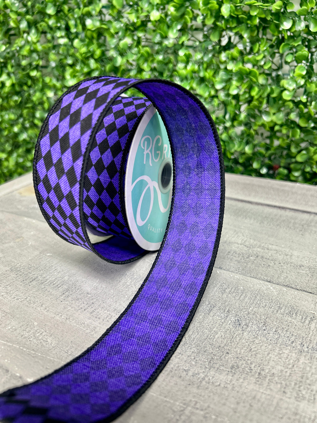 1.5 Inch By 10 Yard Purple And Black Small Harlequin On Royal Ribbon